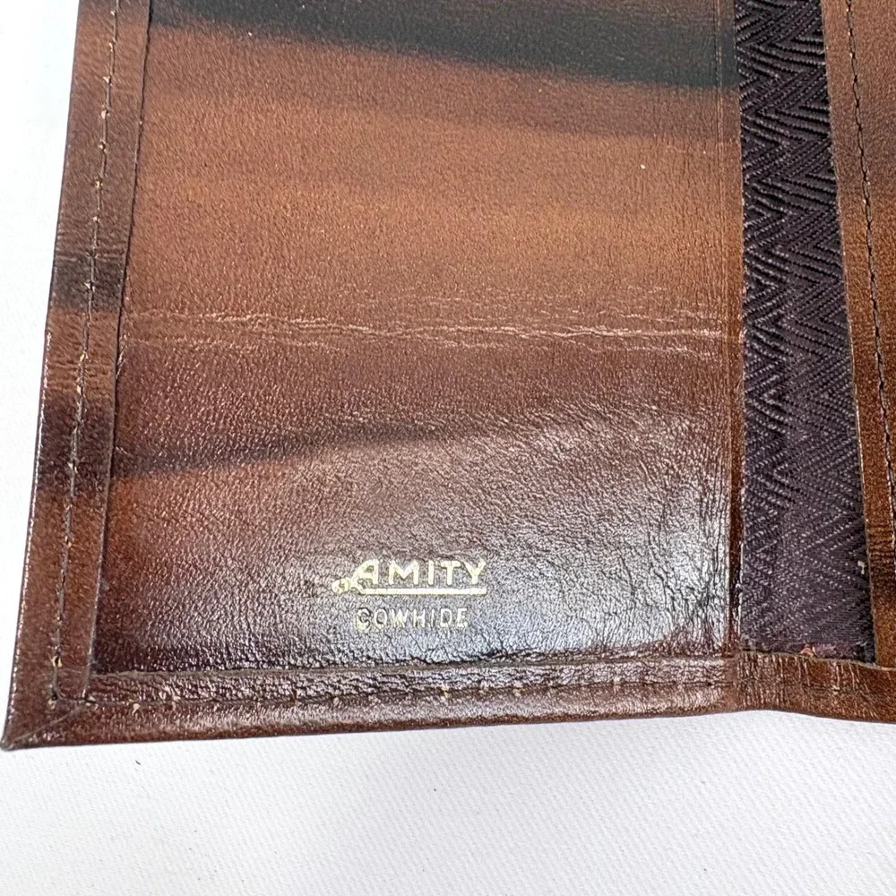 Amity Trifold Wallet Brown Cowhide Leather Striped Patina Herringbone Lining VTG